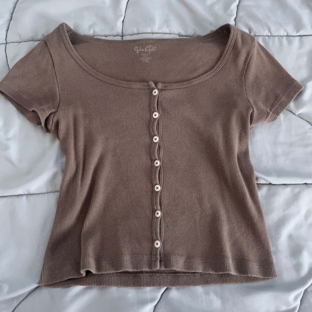 Brandy Melville Taupe Ribbed Button-Up Top